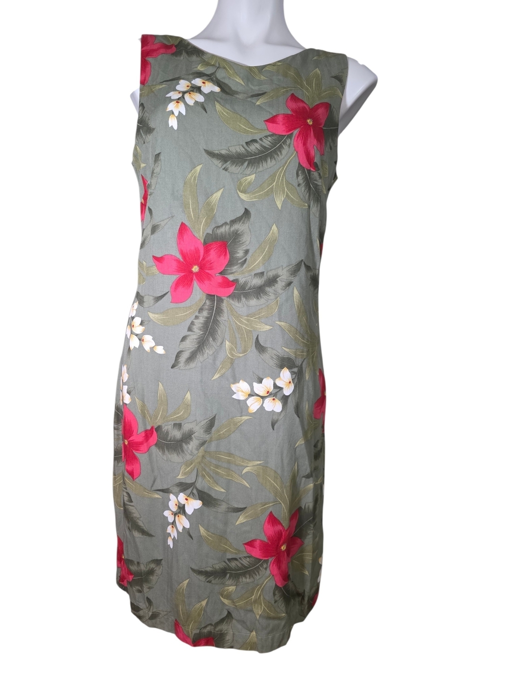 Caribbean Joe Olive Shift Dress 100% Rayon with Bright Pink Floral Print